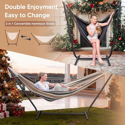 SUNCREAT 2-in-1 Convertible Double Hammocks 2 Person Heavy Duty, Large Patio Hammock with Space Saving Stand, Patented, Coffee Stripe - color: A-coffee Stripe