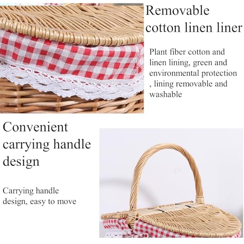 13.78" Wicker Picnic Basket with Picnic Cloth Vintage Picnic Basket with Removable Liner, Folding Handle and Lid Picnic Basket Set for Picnic, Camping, Outdoor, Valentine Day, Thanks Giving, Birthday