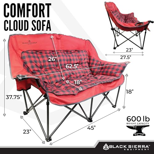 Black Sierra Double Loveseat Comfort Camping Couch, Oversized Folding Chair for Adults, 600‑lb Capacity, Plush Padded Heavy Duty Outdoor Seat with Cup Holders & Carry Bag for Beach, RV - color: Red