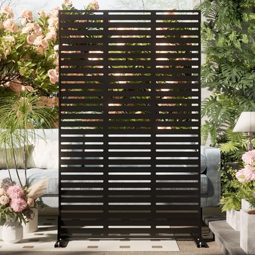 Cofar Metal Privacy Screen Outdoor 72" H×44" W -Black Freestanding Outdoor Privacy Panels with Stand, Decorative Fence for Patio, Deck, Balcony（Slatted） - style: 5-Panels Slatted_Black