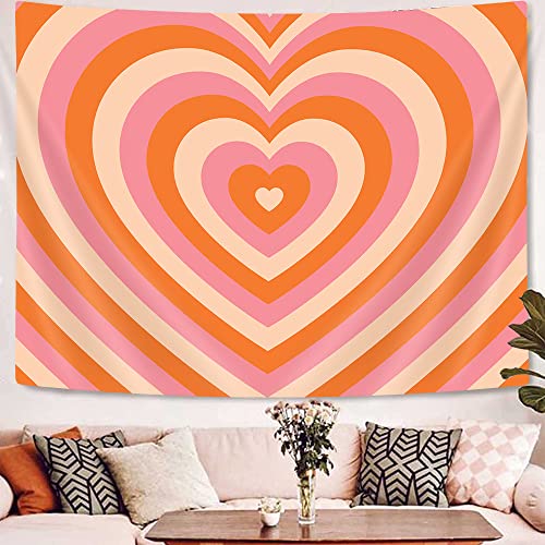 Uokiuki Retro Hippie Tapestry Cute Heart Tapestry 60s 70s Groovy Tapestry Aesthetic Y2K Tapestry Wall Hanging for Studio Room Bedroom Living Room Dorm 71 X 60 Inch Orange - color: Orange, size: 60"L x 71"W
