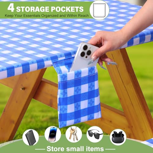 Fitted Picnic Table Cover with Bench Covers Waterproof Elastic Edges Rectangle Patio Tablecloth Outdoor Camping Essentials Stuff Rv Accessories Summer Trip Travel Supplies Party Camper Gifts, 8 ft - color: Blue Grid, size: 96in