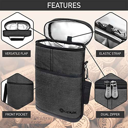 opux 2 Bottle Wine Carrier Tote, Insulated Leakproof Wine Cooler Bag, Wine Travel Bag for Picnic BYOB Beach, Portable Wine Bottle Carrying Case, Gift for Wine Lover Women Men Christmas, Charcoal Grey - color: Charcoal