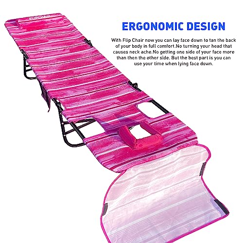 EasyGo Product FLIP Face Down Tanning Beach Chair Lounger with Face & Arm Holes - Polyester Material – Multiple Backrest Positions - Head Rest Pillow-Sand or Home Use - PATENTS Pending