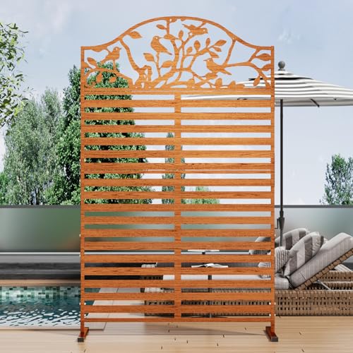 Metal Outdoor Privacy Screen, Decorative Privacy Panel with Tree Bird Design, Weatherproof Freestanding Modern Privacy Fence Divider for Patio, Deck, Backyard, Porch & Balcony (1, Walnut) - color: Walnut