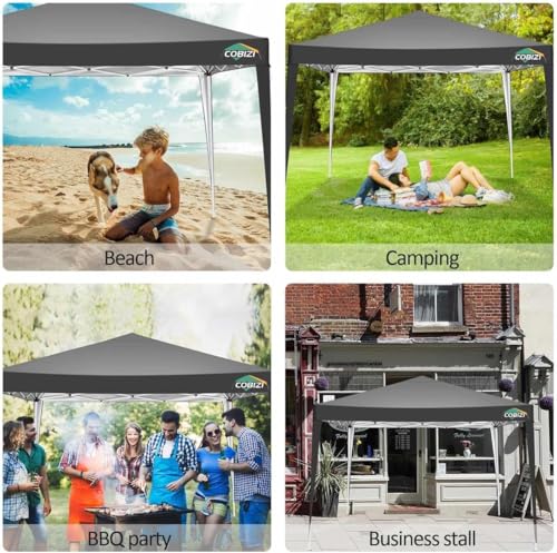 COBIZI 10x10 Pop Up Canopy Tent with 4 Sandbags, Easy Set Up Gazebo, Instant Outdoor Sun Shade &Waterproof Canopy with 8 Stakes,4 Ropes&Carry Bag, Tents for Parties, Beach, Backyard,Camping(Black - color: Black, size: 10x10FT without sidewall