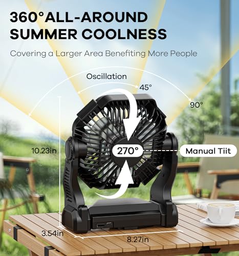 DOWILLDO 20000mAh Portable Battery Powered Camping Fan - with LED Light, Quiet Battery Operated, Camping Gear for Travel, Tent, Beach, Car or Hurricane Power Outages, Black - color: Black, size: 20000mAh