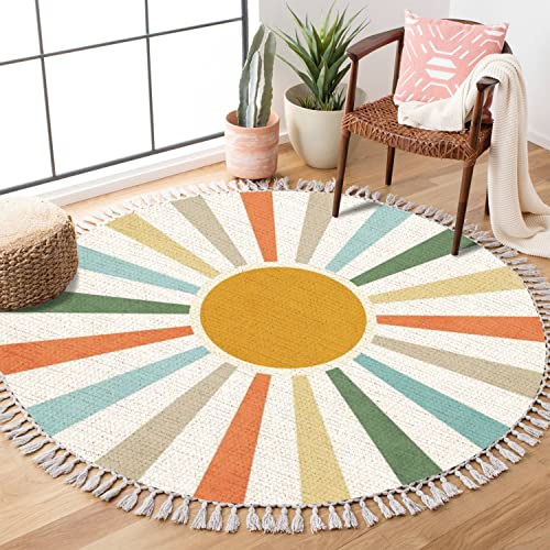 Round Rugs Colorful Rainbow Sun Boho Area Rug Linen and Cotton Carpet Meditation Rug Washable Runner Mat Accent Rug for Boys Girls Bedroom Living Room Bathroom Playroom Nursery Decor 3ft - color: Multi11, size: 3 ft