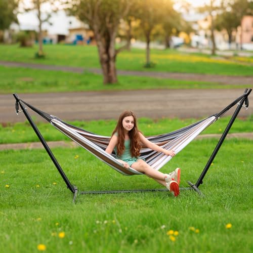 SZHLUX Double Hammock with Stand Included 450lb Capacity Steel Stand, Premium Carry Bag Included and Two Anti Roll Balance Beam, Portable Hammock with Stand for Backyard, Camping,Garden Brown Stripes - color: Coffee