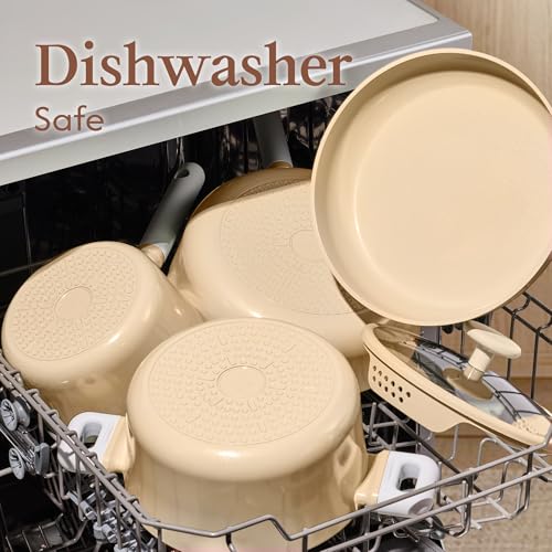 CAROTE Ceramic Cookware Set Nonstick, 9pcs Pots and Pans Set Non stick, Non-Toxic & PFAS-Free,Dishwasher, RV/Camping Cookware Set,Sauce Pan with Lid, Yellow - color: Yellow, size: Saucepan