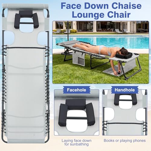 Face Down Chaise Lounge Chair Set of 2, 5-Position Adjustable Sunbathing, Foldable Tanning Chair with Face& Arm Holes, Outdoor Recliner Chair for Pool, Beach, Patio, Lawn (Gray, 2 Pcs) - color: Gray&hole
