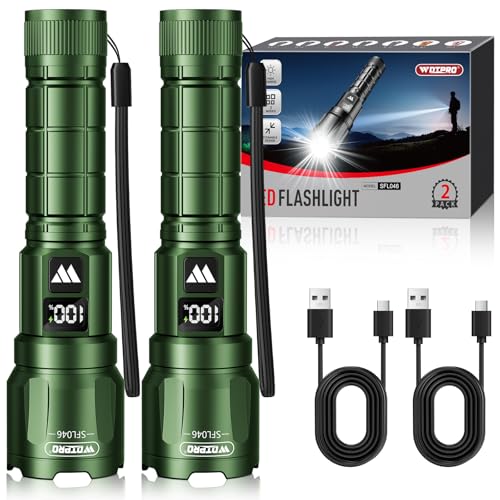 WdtPro LED Rechargeable Flashlight 2 Pack, 3 Modes Super Bright High Lumens Flashlights, Zoomable Tactical Flash Light with LCD Display, IP65 Waterproof Flashlights for Home Emergency Camping - Green - color: Green