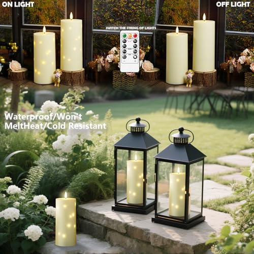 kakoya 10" x 4" Large Outdoor Waterproof Flickering Flameless Candles with Timer,4Pcs Battery Operated LED Pillar Candles with Embedded Star String for Outdoor Lanterns,Porch,Patio Decor(Ivory) - color: Ivory, size: 4PCS-D4"xH10"