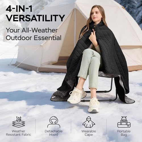 Waterproof Camping Blanket - Cozy Coral Fleece Lining, Triple Layers Warm Comfy Foldable for Camping Stadium, Beach, Picnic, Grass, Concerts, Car, Dog, 51''X 70'' Black - color: Black