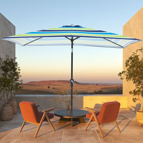 JEAREY 6.5x10 ft Rectangular Patio Umbrellas Rectangle Outdoor Umbrella with Push Button Tilt and Crank, Market Table Umbrella 6 Sturdy Ribs UV Protection for Poolside Garden Backyard Deck, Blue-Green Stripe - color: Blue-Green Stripe