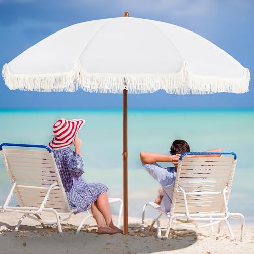 Aoxun 7ft Patio Umbrella with Fringe,Outdoor Beach Umbrella with Aluminum Pole, Ribs Push Button Tilt and Carry Bag, UV 50+ Picnic Tassel Umbrella (White) - color: Cream, size: 7.0 FT