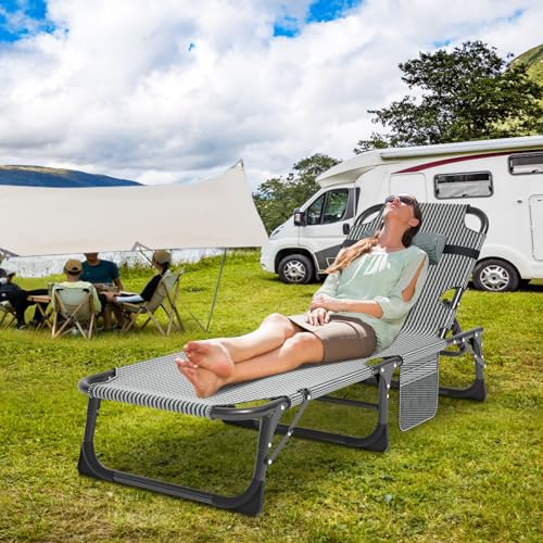 Slsy Sleeping Cots for Adults, 5-Position Folding Chaise Lounge Chairs Outdoor, Portable Folding Bed Cot Lounge Chair for Beach Lawn Camping Pool Sun Tanning - color: Flannel Gray