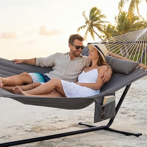 GAFETE 2 Person Hammock with Stand for Outside, Heavy Duty Steel Stand, 55inch Double Hammocks, Large Removable Pillow, Storage Bags, Max 475 lbs Capacity (Haze Gray) - color: Haze Gray