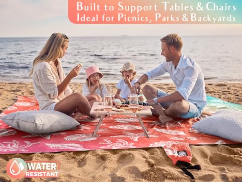 WEKAPO Beach Blanket Waterproof Sandproof Oversized, Extra Large Beach Mat Sand Free, Lightweight & Compact Sand Free Mat with 5 Stakes & 4 Corner Pockets - color: Gradient-coral Sea Shells, size: 8 x 7 FT (1～4 person)