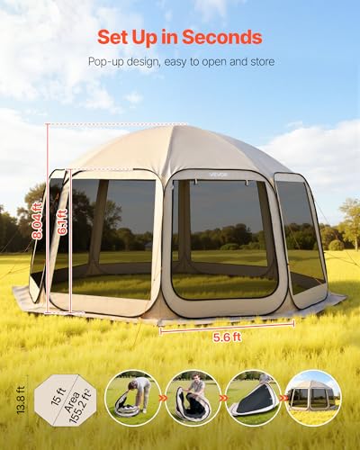 VEVOR Pop up Screen House Tent, 15 x 13.8 ft, 12-15 Person Screen Gazebo, Portable Screened in Canopy with Carry Bag, Netting Sides, Ground Stakes, for Garden, Patio, Backyard, Outdoor Activities - color: Beige, size: 15x13.8x8.04 FT