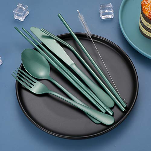 Portable Stainless Steel Flatware Set, Travel Camping Cutlery Set, Portable Utensil Travel Silverware Dinnerware Set with a Waterproof Case (Green) - color: Green
