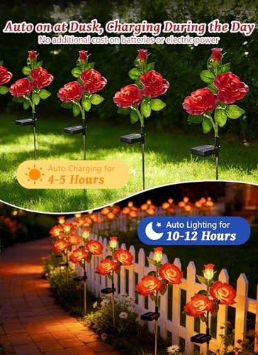 Brightown Outdoor Solar Flower Lights, 4 Pack Solar Garden Light with Larger & More Realistic Red Rose, Bigger Solar Panel, Waterproof Solar Lights Outdoor for Yard Garden Lawn Pathway Decoration - color: Red Rose