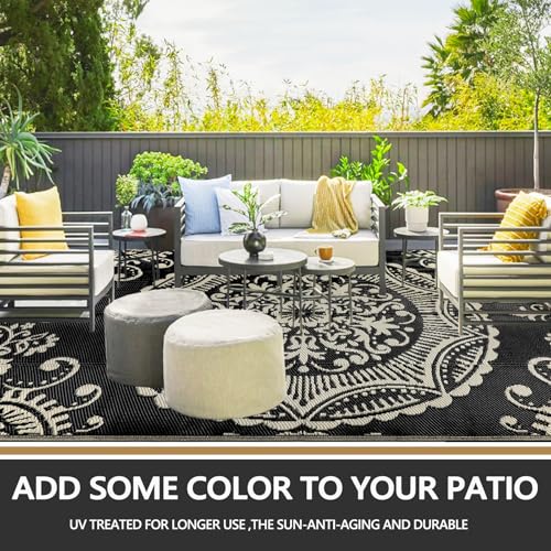 Capslpad Outdoor Rug 8x10 Patio Waterproof Boho Floral Plastic Straw Rug Large Foldable Vintage Outside Carpet with Carry Bag for RV Backyard Balcony Bench Picnic Porch,Black and Brown - color: Black&brown, size: 8' x 10' (Rectangular)