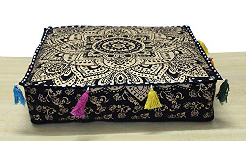 ICC Large Square Cotton Mandala Cushion Cover Hippie Ottoman Pouf Cover Daybed Floor Pillow Cover with Heavy Duty Zipper Seating Ottoman Poufs Dog-Pets Bed (Black Gold Flower, 18" Square) - color: Black Gold Flower, size: 18" x 18" (Pack of 1)