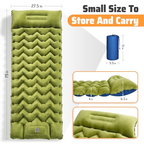 4" Thick Double-Sided Camping Sleeping Pad | Warm Velvet Top, Waterproof Nylon Bottom | Inflatable Mattress for Backpacking & Cold Weather - color: Crystal Velvet Green+blue Nylon