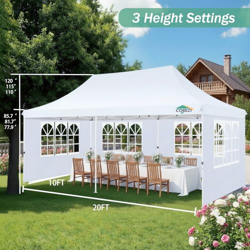COBIZI 10x20 Pop Up Canopy with 6 Sidewalls, Conical Party Tent 10x20 with 3 Adjustable Height Waterproof, UV-Resistant with Carry Bag, Sandbag, Stake, Tents for Parties, Commercial (Frame Upgraded) - color: White, size: 10x20FT