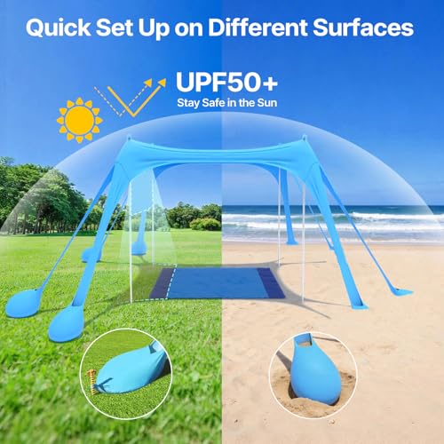 Suteck Beach Tent Sun Shelter with Sidewall, Easy Set Up 10x10ft Beach Canopy, Outdoor Sun Shade with UPF 50+UV Protection, 8 Sandbags, 4 Stability Poles for Camping, Fishing or Picnics(Sky Blue) - color: Sky Blue