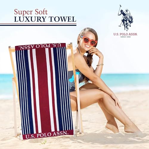 U.S. Polo Assn. Oversized (40” x 70”) Striped Nautical Design Beach Towel - Luxury Plush Cotton Hotel Quality for Bath, Pool - Blue/Red/White - color: Blue/Red/White, size: 40" x 70"