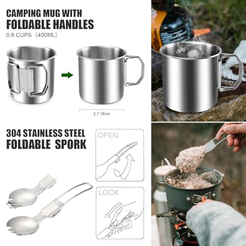 Odoland 8pcs Camping Cookware Mess Kit, Camping Pot and Pan Set with Mini Backpacking Stove, Stainless Steel Cup, Spork and Tank Bracket, Cooking Gear for Outdoor, Hiking, Picnic, Campfire - color: Red