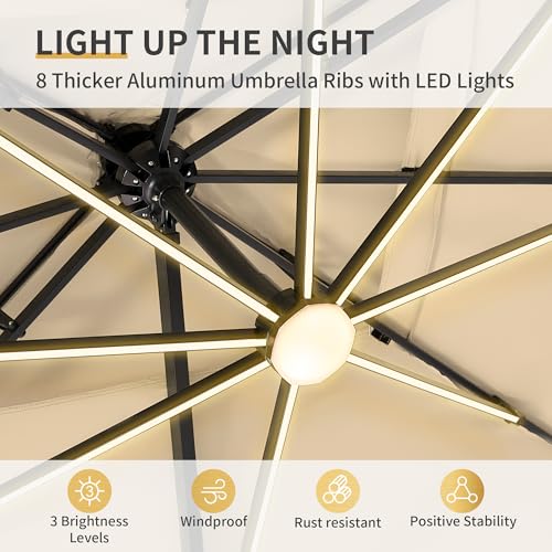 10 X 13 FT Cantilever Patio Umbrella with Base Included & Led Lights Outdoor Rectangle Offset Large Double Top Heavy Duty Umbrellas 360°Rotation for Pool Deck Backyard,Beige - color: Beige, size: 10×13 FT with Base