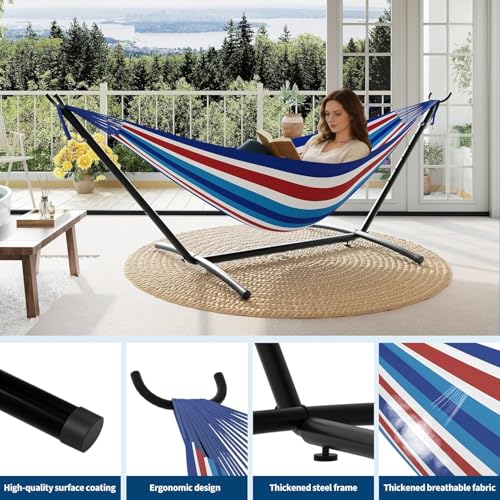 TrailBlaze Double Hammock with Stand, Heavy Duty Portable Steel Hammock Set for Outdoor and Indoor Use, 500lb Capacity, Includes Carrying Bag, Space Saving Design,Quick Assembly - color: Blue, White and Red Stripes