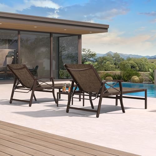 PURPLE LEAF Outdoor Oversized Chaise Lounge Chair Set of 3 Patio Pool Lounger Aluminum Chairs with Side Table and Wheels Adjustable Tanning Recliner with Armrests for Outside Backyard Beach, Brown - color: Brown, size: Oversized Upgrade