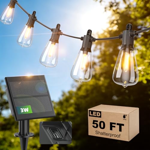 50FT Solar String Lights Outdoor Waterproof IP65 with USB-Charging , Solar Powered LED Patio Lights with 25+2 Shatterproof ST38 Edison Bulbs, Hanging Lights for Outside Backyard Garden Bistro Gazebo - size: Solar-50ft