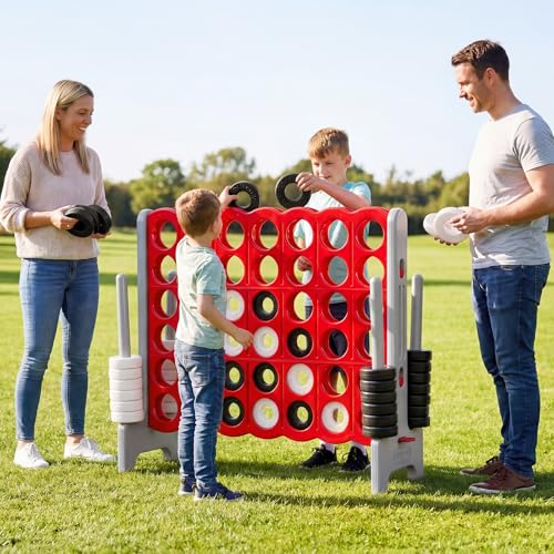KOTEK Giant 4-in-a-Row Game, 3.5 Feet Tall Jumbo 4-to-Score Family Fun Game with Quick-Release Sliders & 42 Large Rings, Oversized Connect Plastic Yard Game Outdoor for Kids & Adults (Brown+Red) - color: Brown+red