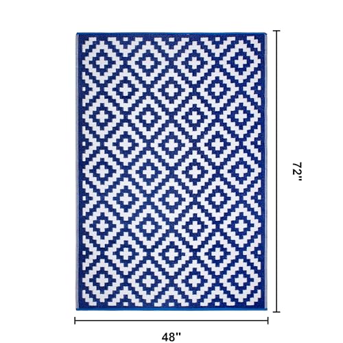 FH Home Outdoor Rug - Waterproof, Fade Resistant, Reversible - Premium Recycled Plastic - Geometric - Patio, Deck, Porch, Balcony, Laundry Room - Aztec - Blue & White Crease Free - 4 x 6 ft - color: Aztec - Blue & White, size: 4' x 6' (Rectangular)
