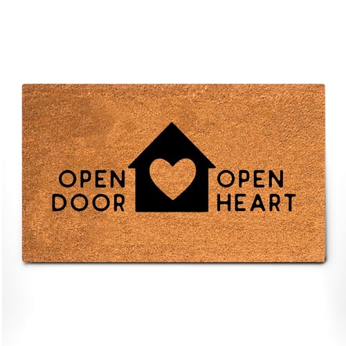 PLUS Haven Coconut Coir Home Entrance Door Mat – 17.5" x 30" | Open Door Open Heart Heavy-Duty Doormat for Indoor & Outdoor Use | Durable & Eco-Friendly - color: Open Door Open Heart