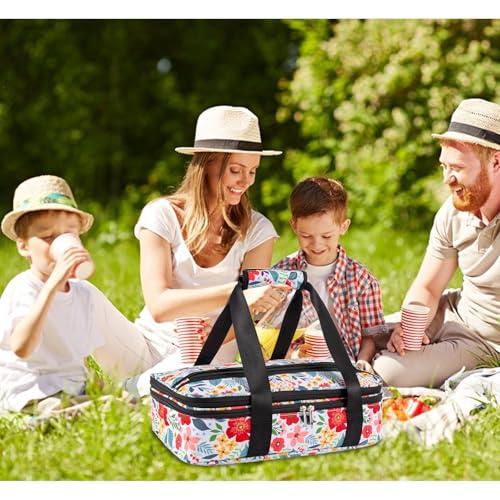 Double Decker Casserole Carrier Fits Pioneer Woman Kitchen Stuff & 9x13 Baking Dish, Expandable Lasagna Lugger Tote, Leakproof Thermal Food Warmer Bag for Potluck, Travel, Hot/Cold Food & Mom Gifts - color: Double Floral#2