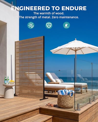6FT Outdoor Privacy Screen | 37lb Heavy-Duty Metal Fence Panel, Freestanding with Expansion Anchors | Rust-Resistant Powder-Coated, Louvered Faux Wood — Patio, Balcony, Pool, Deck (72" H×47" W) - color: Matte teak color