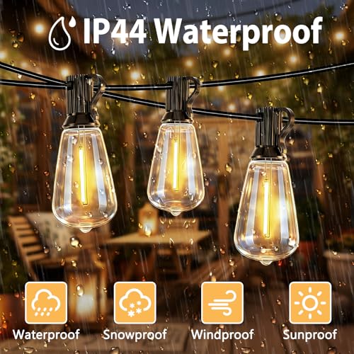 LumBelle Smart Outdoor String Lights, 100FT ST38 LED Patio Lights with Timer Remote APP Control, 42 Shatterproof LED Bulbs (2 Spare), Dimmable Waterproof Hanging Light for Backyard Porch Party Decor - size: 100FT