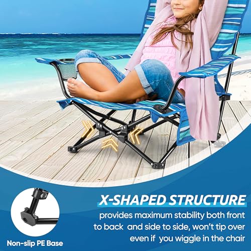 HaSteeL Folding Beach Chair Set of 2, Foldable Striped Camping Chairs for Outside, Low Beach Chair Portable for Adults Fishing, Picnic, Outdoor BBQ, Travel, Sports, Cup Holder & Storage Bag - color: Striped Chairs