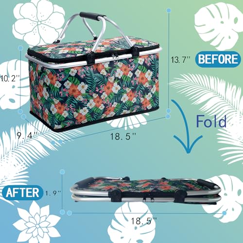 Insulated Picnic Basket for 2, Collapsible Shopping Baskets with 29L Large Market Basket with Handles, Folding Grocery Basket Insulated Cooler Bag for Picnic Travel Food Delivery Market Shopping - color: Green