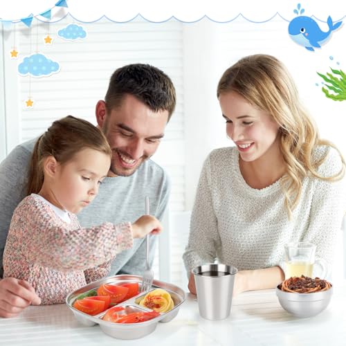 Tioncy 15 Pcs Stainless Steel Kids Dinner Set, Bowls, Balanced Bites Divided Plates, Cups, Spoons and Forks, Stainless Steel Lunch Plates Dinnerware Set for Kids Toddlers