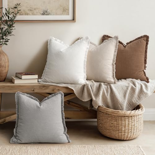 MIULEE Decorative Couch Pillow Covers Neutral Linen Fringe Throw Pillows Set of 4 Modern Cushions Boho Farmhouse Pillowcases for Bed Sofa Living Room Spring Home Decor 18x18 Inch Beige/Brown/Grey - color: Neutral, size: 18" x 18" (Pack of 4)