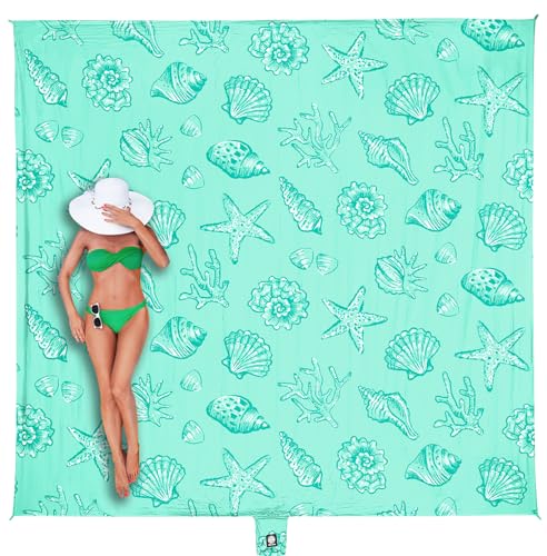 WEKAPO Beach Blanket Waterproof Sandproof Oversized, Extra Large Beach Mat Sand Free, Lightweight & Compact Sand Free Mat with 5 Stakes & 4 Corner Pockets - color: Turquoise Shells, size: 8 x 7 FT (1～4 person)