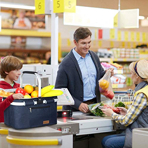 LIQING 35L Large Picnic Basket 2 Layers of Internal Pockets Leak-Proof and Insulated ，Folding with Internal Support for enhansed Stability, Wedding Gifts for Couple(Navy Blue) - color: Navy Blue