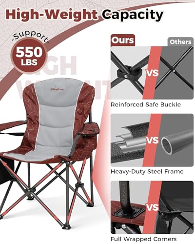 KingCamp Oversized Camping Folding Chair, Heavy Duty 550 LBS with Lumbar Support, Padded seat with Cup Holder&Cooler Bag, Ideal for Camp, Fishing, Sports Event, Backyard, Patio, Lawn(Lava Red) - color: 1 Pack-grey/Red